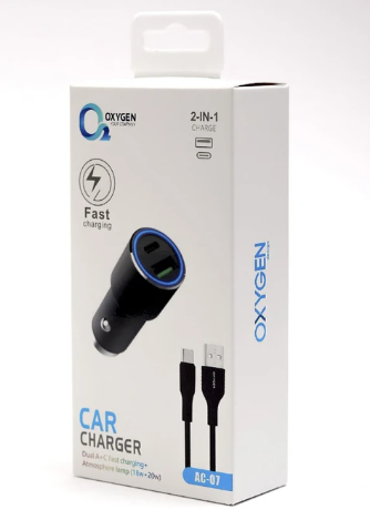 شارژر فندکی 20 وات اکسیژن مدل AC-07 به همراه کابل تبدیل USB-C کد k10986