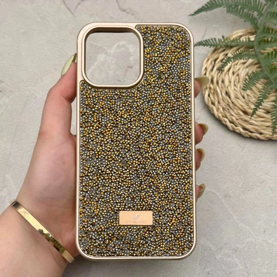 قاب گوشی iPhone 14 Pro Max آیفون نگین دار سواروسکی SWAROVSKI پلاک فلزی طلایی کدk23678
